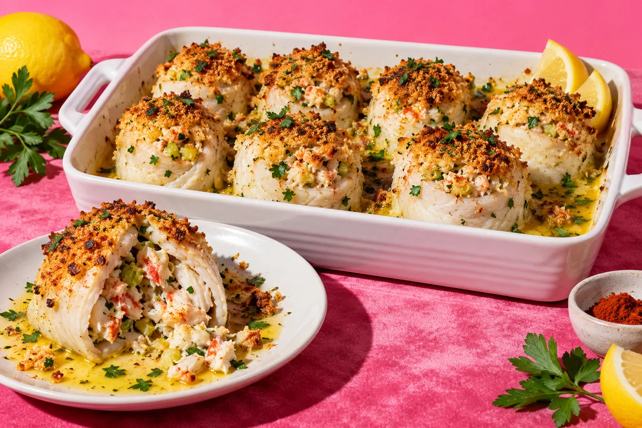 Flet farci au crabe (filets roulés, farce au crabe, beurre citronné)