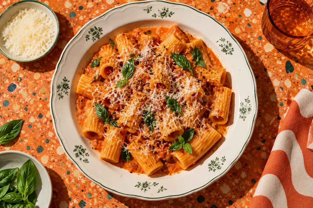 Rigatoni alla vodka (pâtes à la sauce tomate crémée à la vodka)