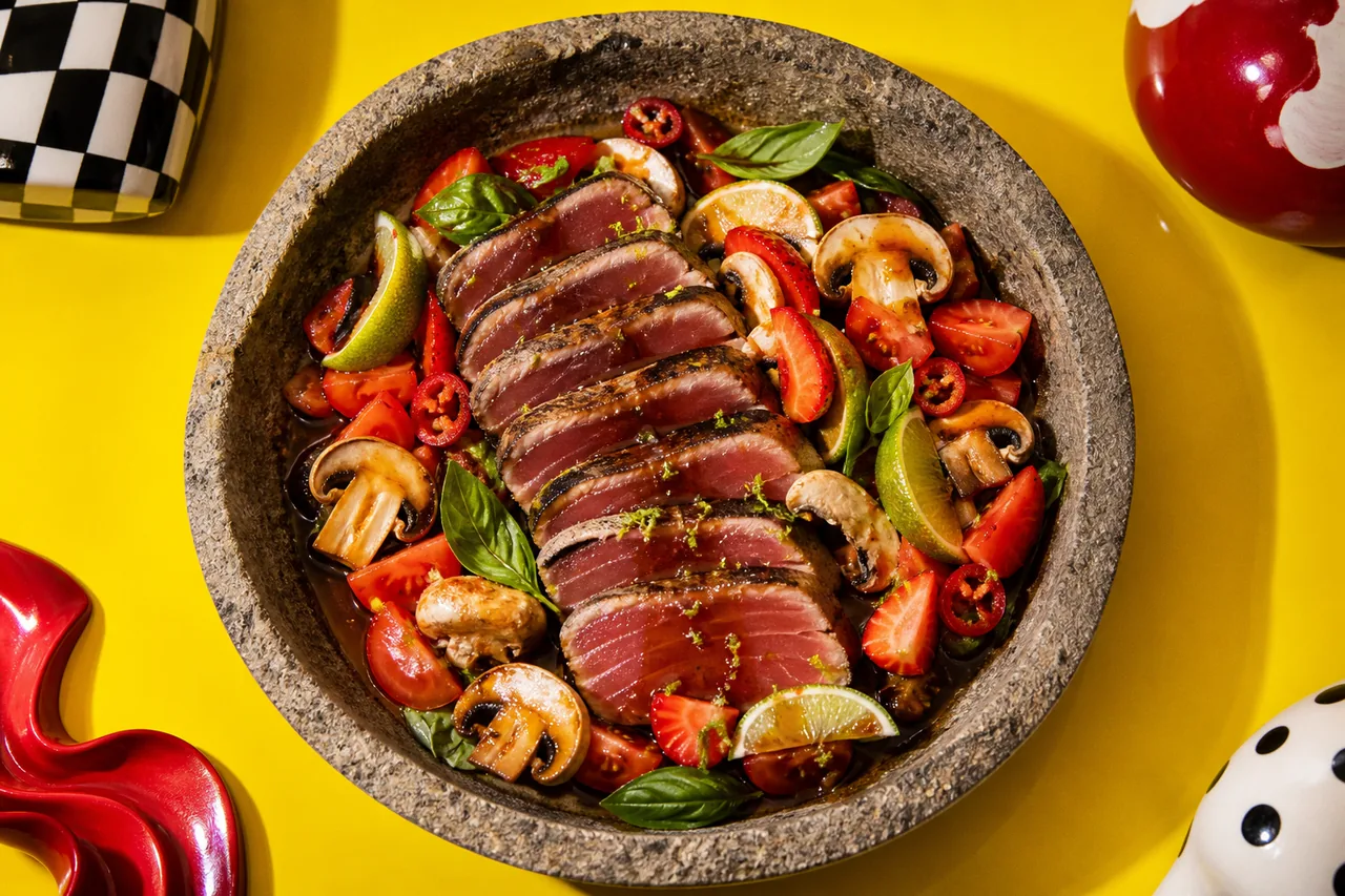 Tataki de thon sauce miso-teriyaki, salade croquante tomate-champignon et fraises