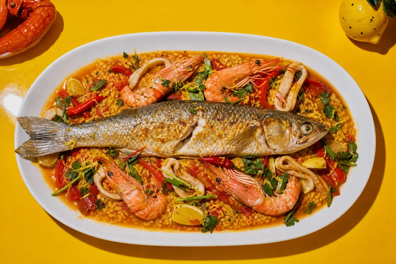 Mulet doré en paella-caldo, riz bomba, calamar et gambas