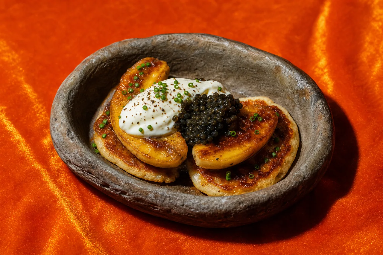 Blinis tièdes à la banane rôtie au beurre noisette et caviar