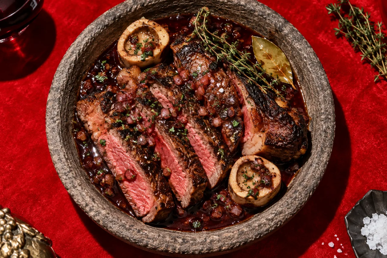 Basse-côte de bœuf grillée, sauce bordelaise traditionnelle et moelle pochée