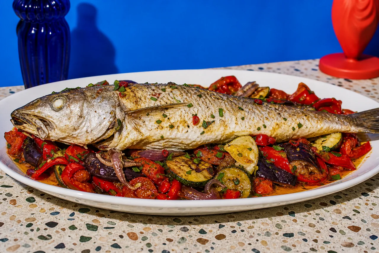 Merlan entier rôti, ratatouille-piperade d’aubergine et huile pimentée