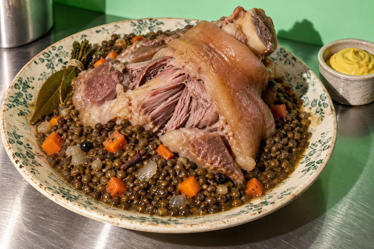 Jarret de porc demi-sel aux lentilles vertes du Puy