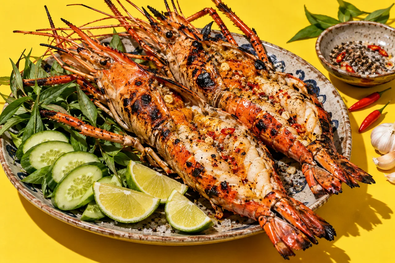 Tôm càng xanh nướng, crevette géante d'eau douce grillée au sel et au piment, tradition du Mékong