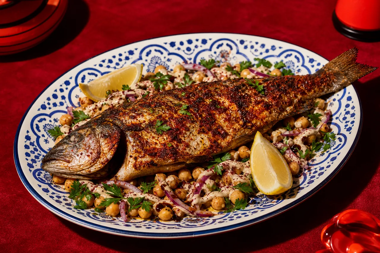 Ombre entier grillé au sumac, paprika fumé et citron, pois chiches tièdes à la grenade