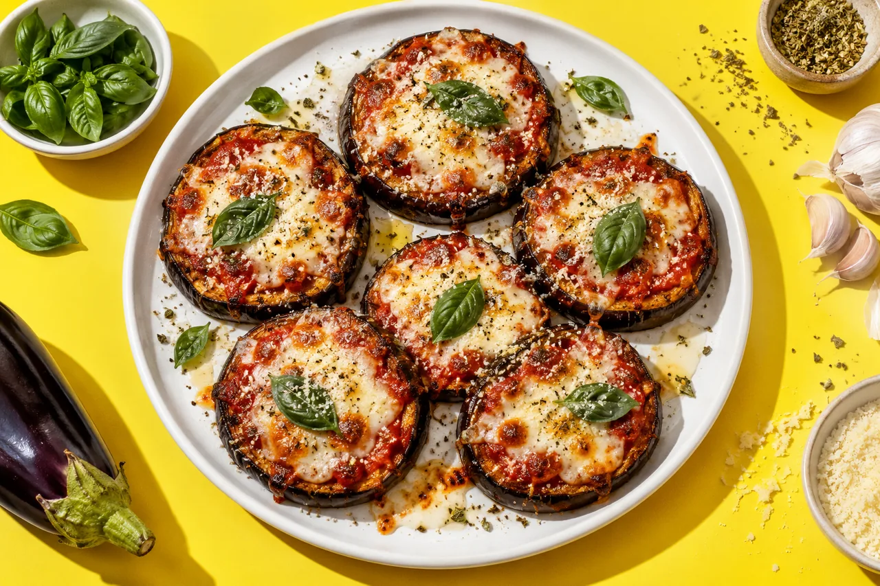 Pizzas d'aubergine (rondelles rôties, tomate, mozzarella et basilic)