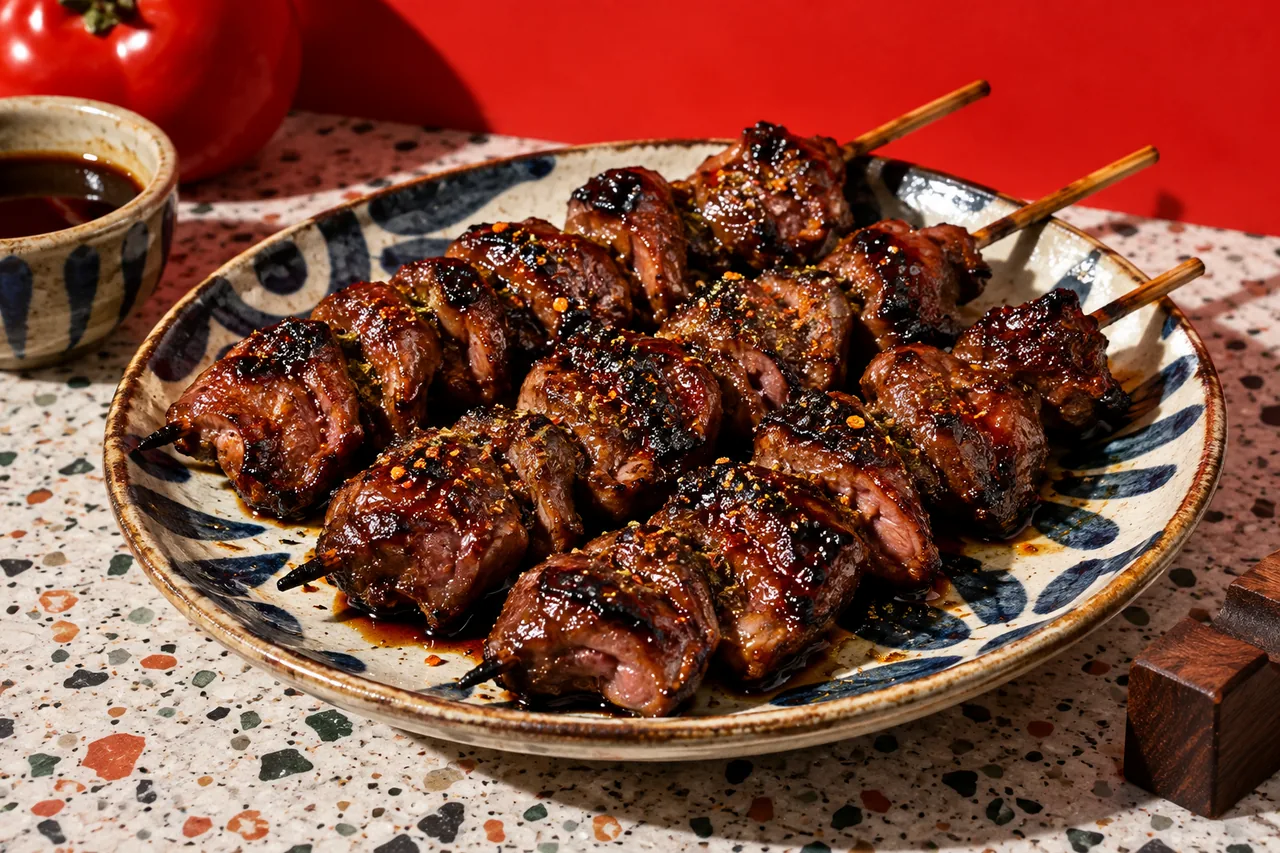 Tori hatsu yakitori (brochettes de cœurs de poulet laqués)