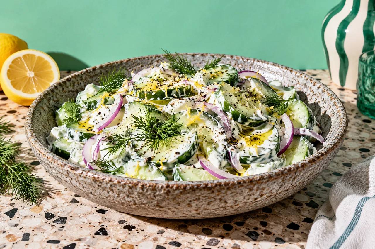 Greek yogurt cucumber salad (salade de concombre crémeuse au yaourt grec et à l'aneth)
