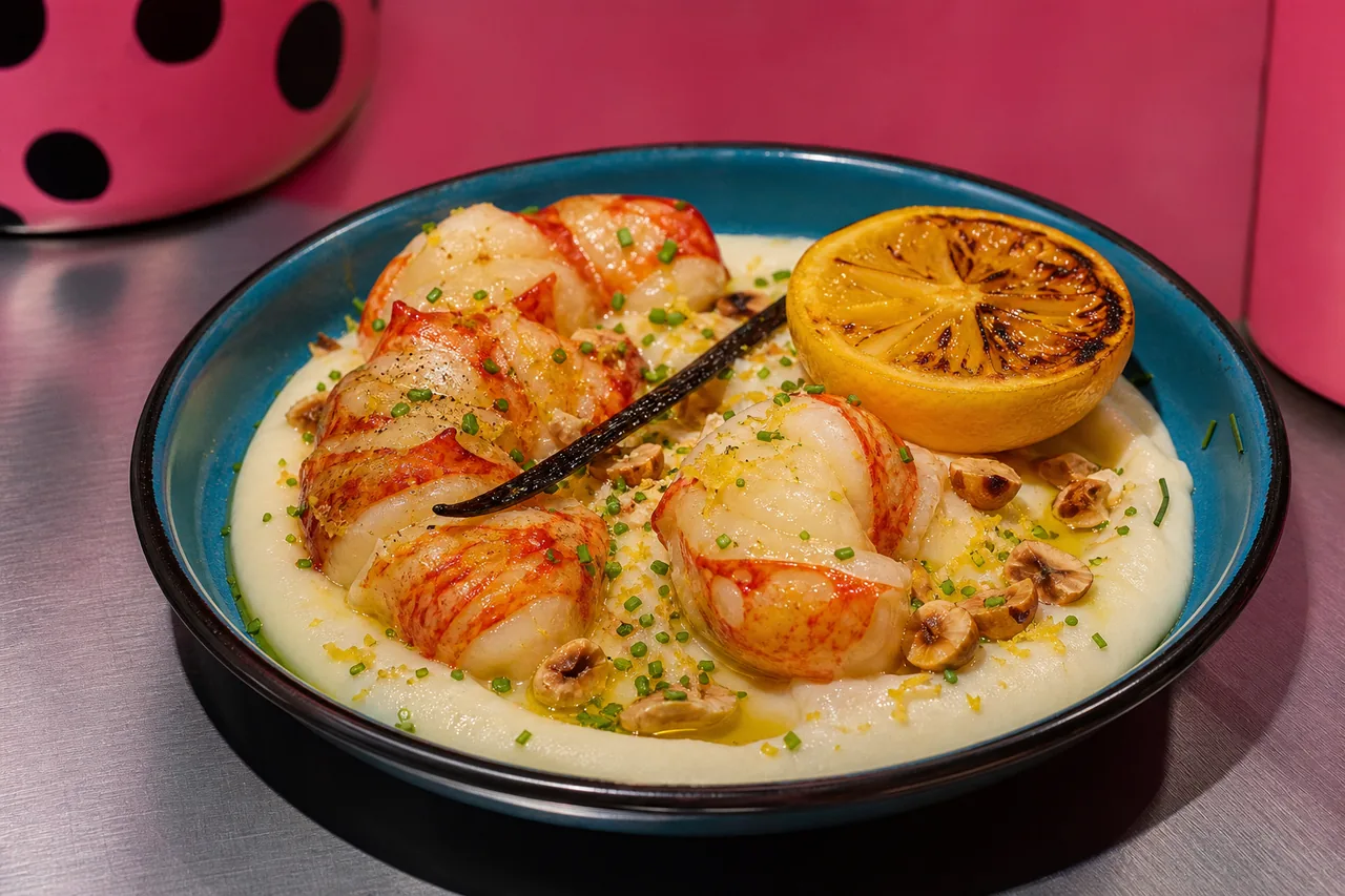 Homard poché au beurre vanillé, crème de chou-fleur, noisettes torréfiées