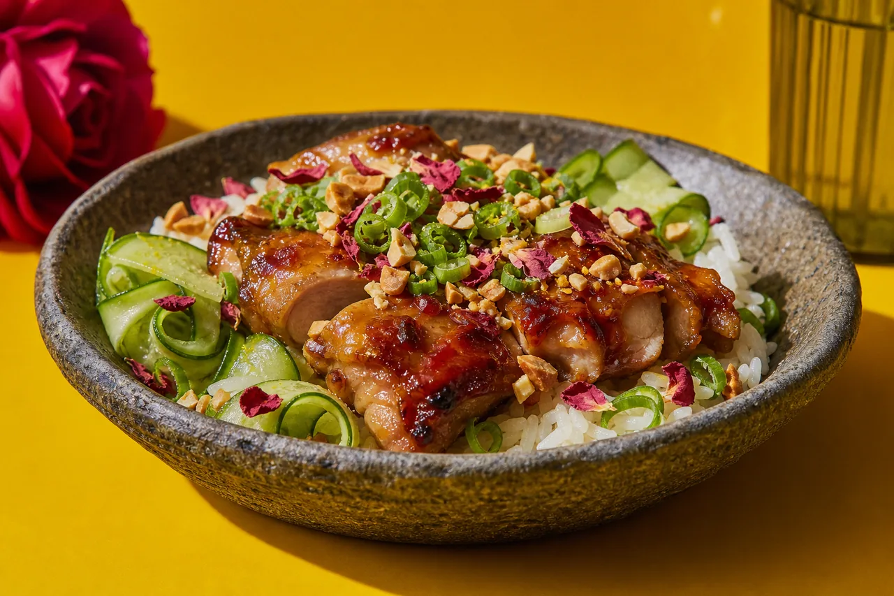 Poulet laqué à l'eau de rose, condiment cacahuète-ciboule et concombre acidulé
