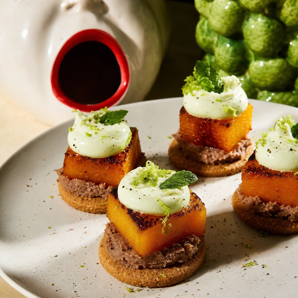 Croquants melon-pâté, chantilly citron vert et caramel poivré