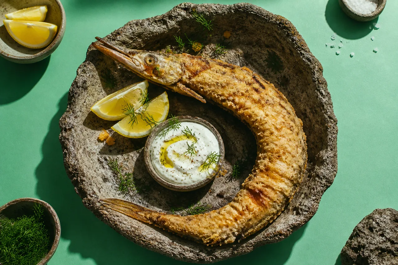 Zargana Tava (Garfish), Orphie frite entière, sauce à l'ail traditionnelle d'Istanbul