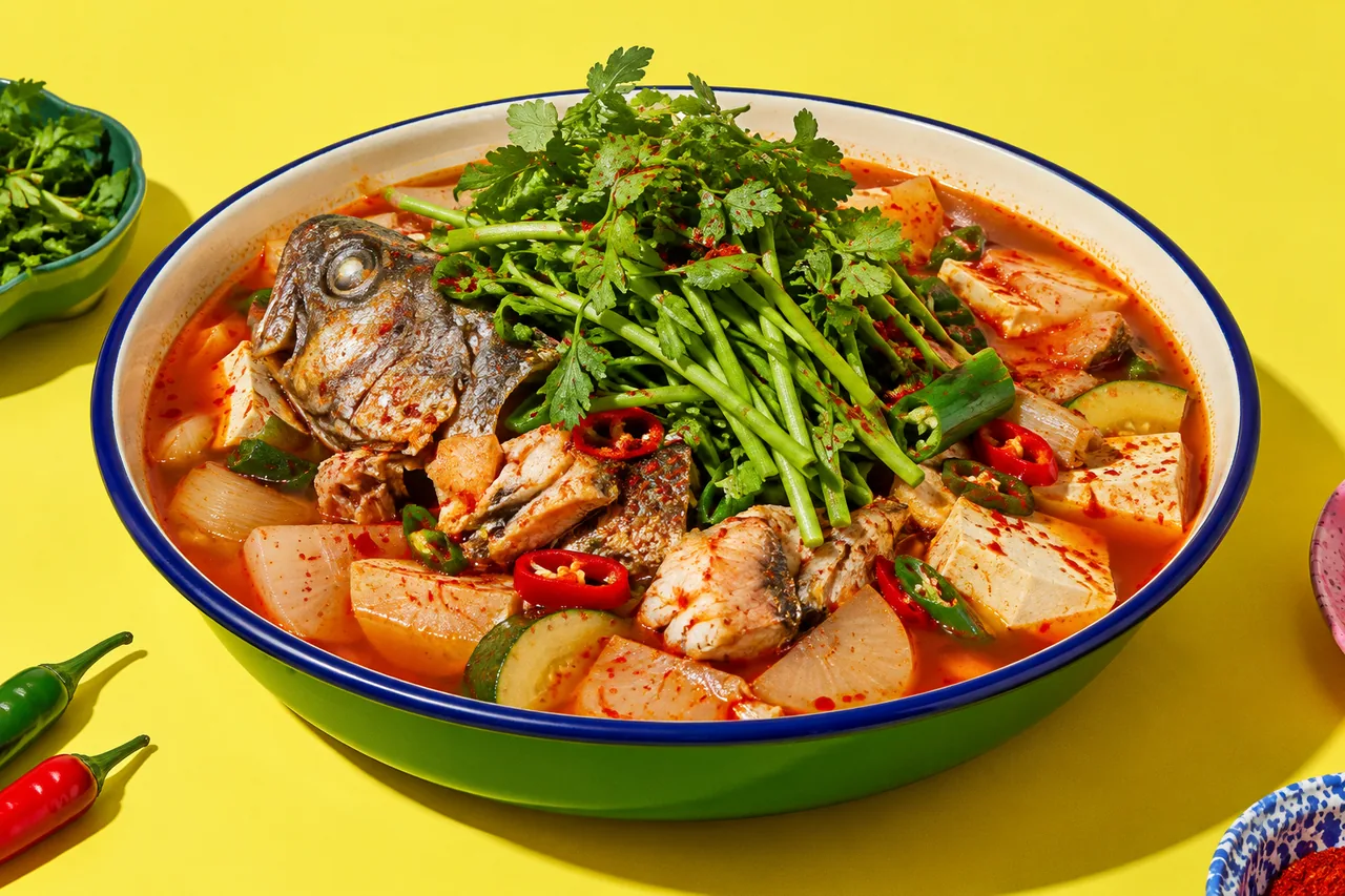 Maeuntang traditionnel, soupe de poisson épicée au persil d'eau et au radis blanc