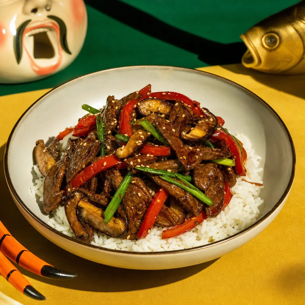 Bœuf sauté soja-sésame, riz moelleux et légumes croquants