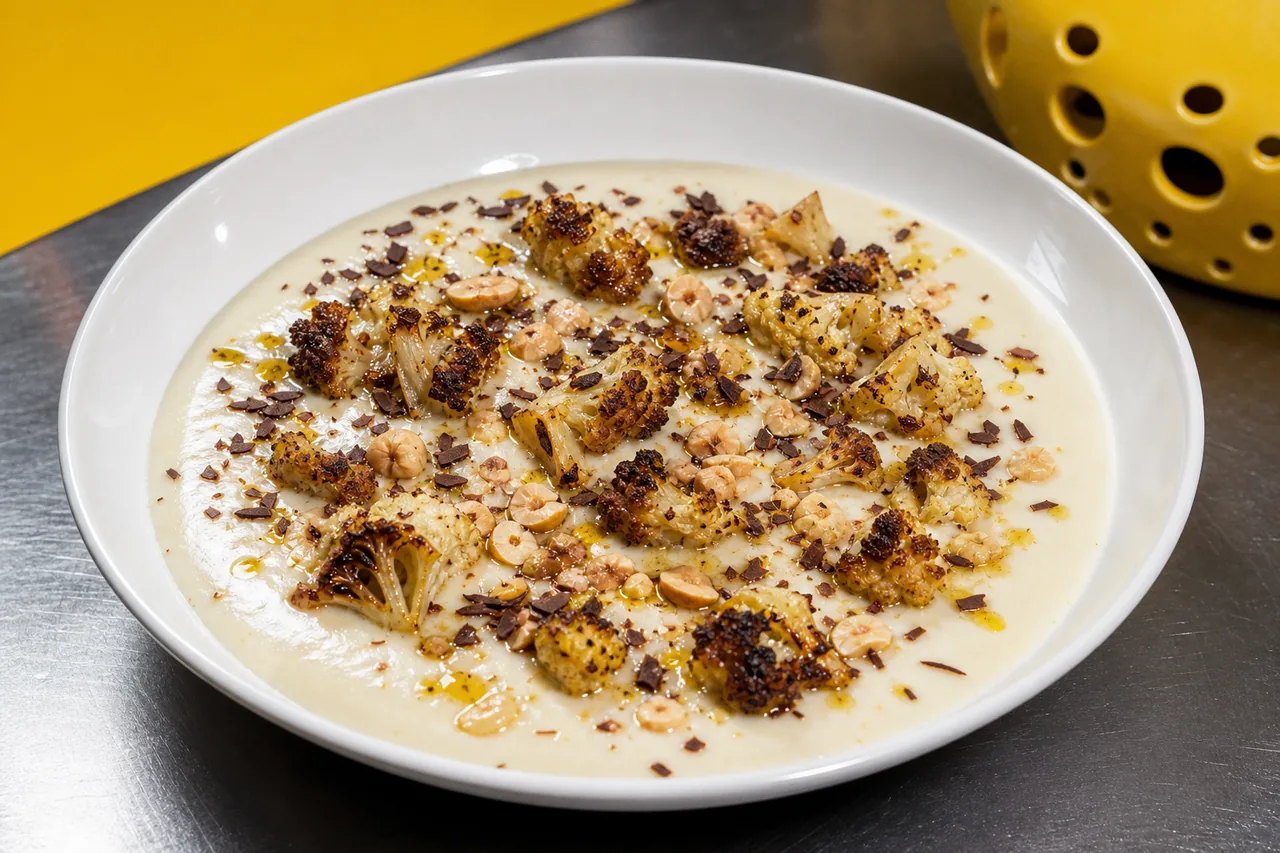 Velouté de chou-fleur rôti au chocolat noir, crumble de noisette et huile de cacahuète