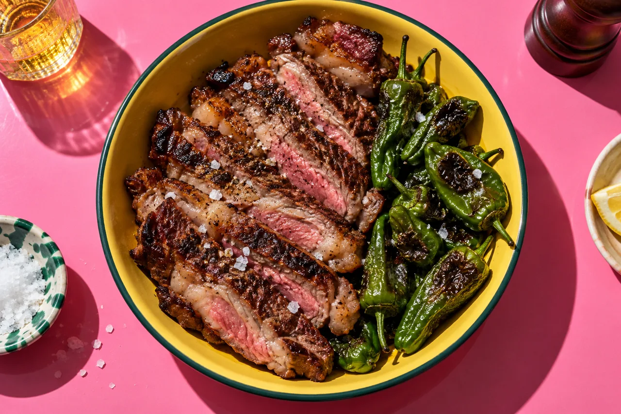 Secreto ibérique à la plancha et piments de Padrón