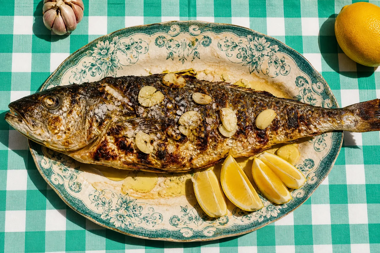 Liche amie grelhada a portuguesa, huile d'olive, ail et gros sel