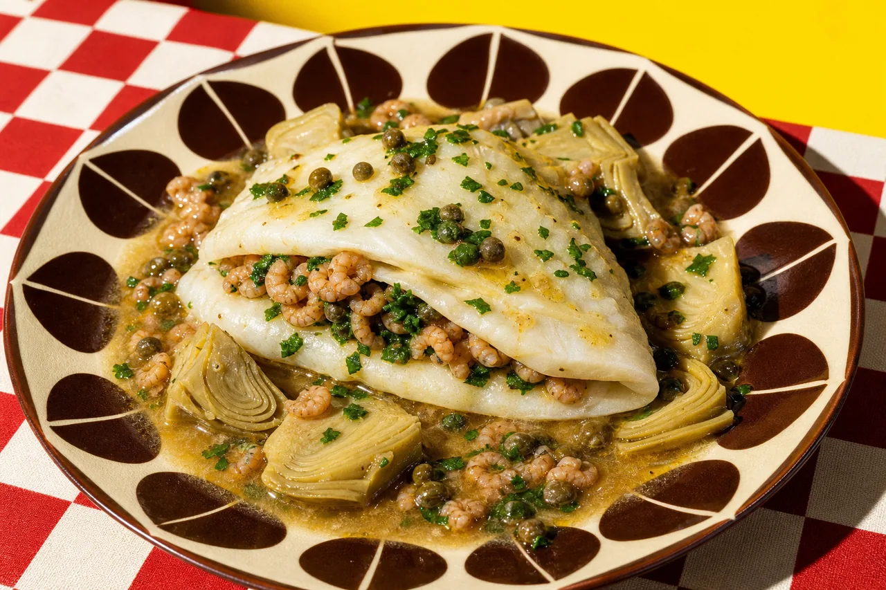 Poche de carrelet aux crevettes grises, beurre noisette aux câpres et artichaut vif