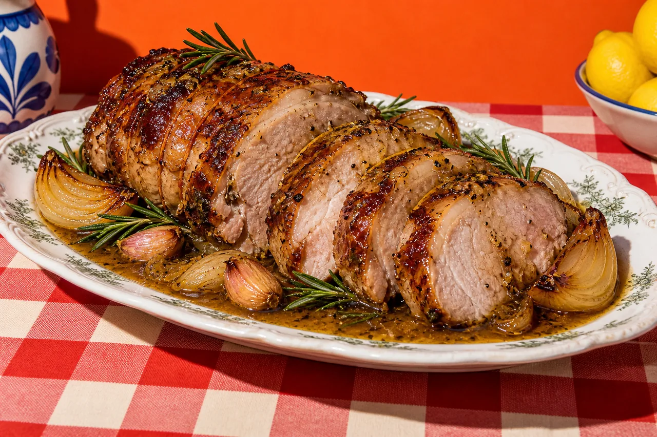 Noix pâtissière de porc rôtie, jus corsé au romarin