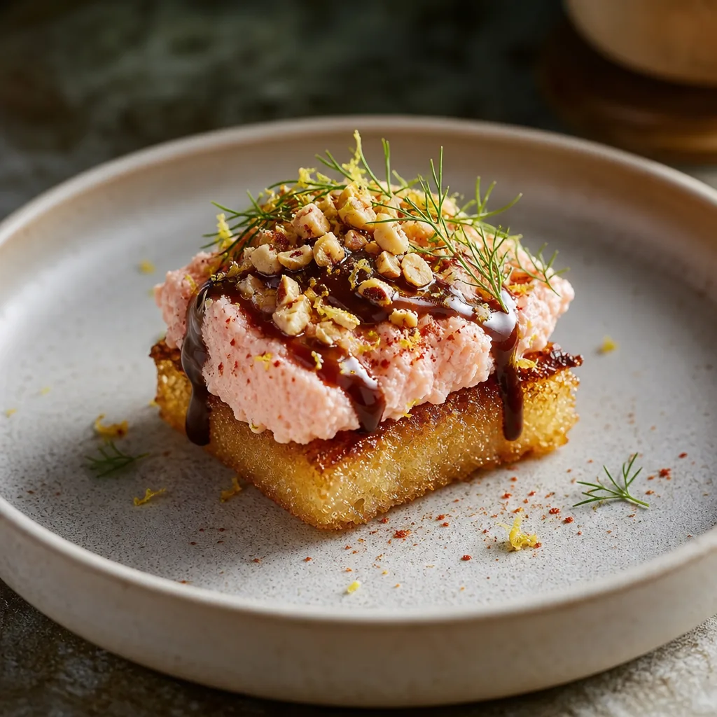 Toasts de mochi croustillant, tarama iodé et trait praliné-noisette