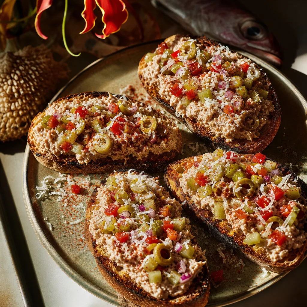Tartines de thon paprika, cornichons aigres-doux et éclat de chocolat blanc
