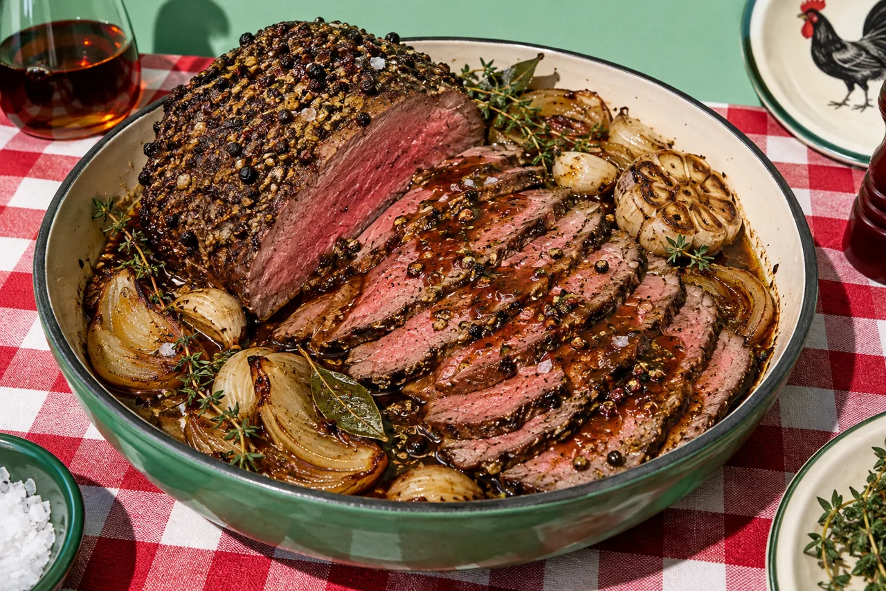 Rôti de rond de gîte de bœuf en croûte de poivre et jus corsé