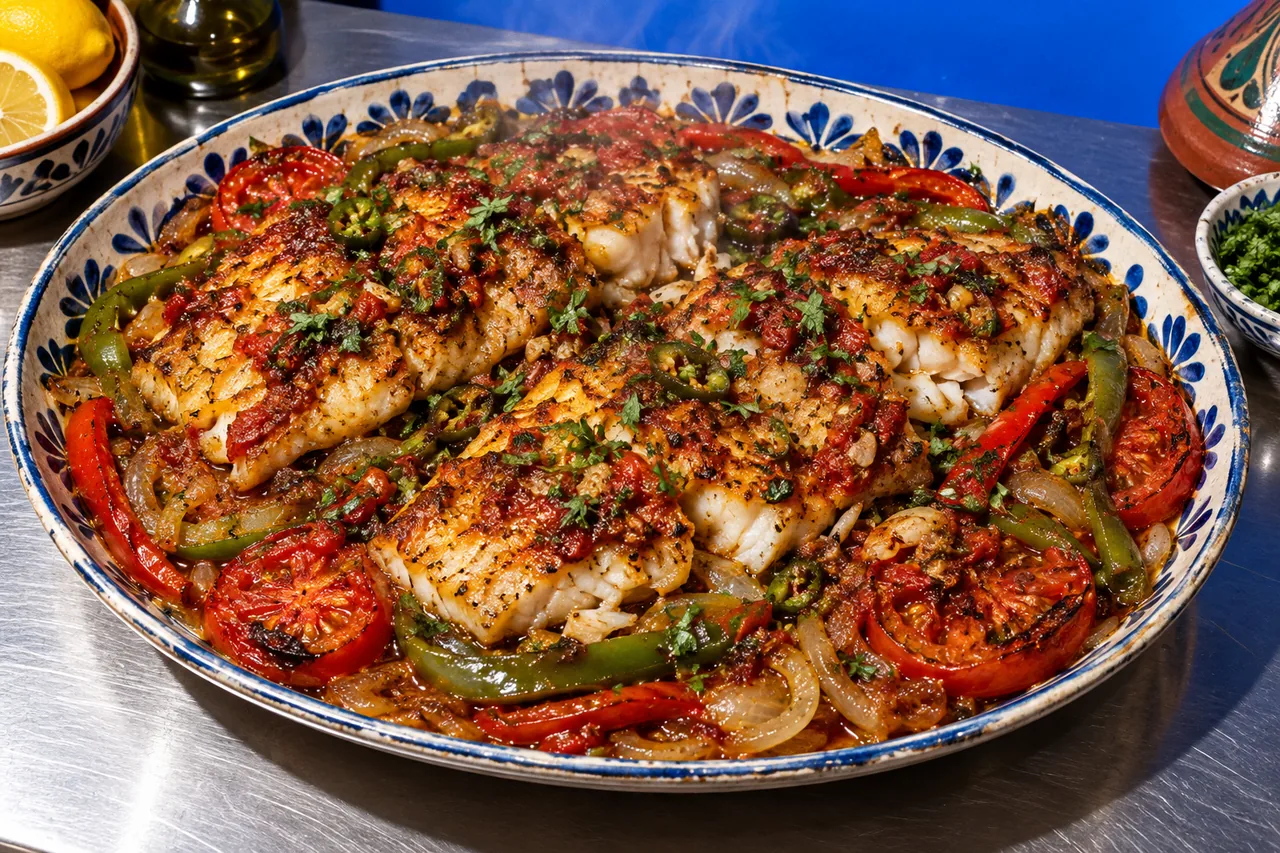 Perche du Nil au four à l'égyptienne (samak fil forn), tomates et poivrons
