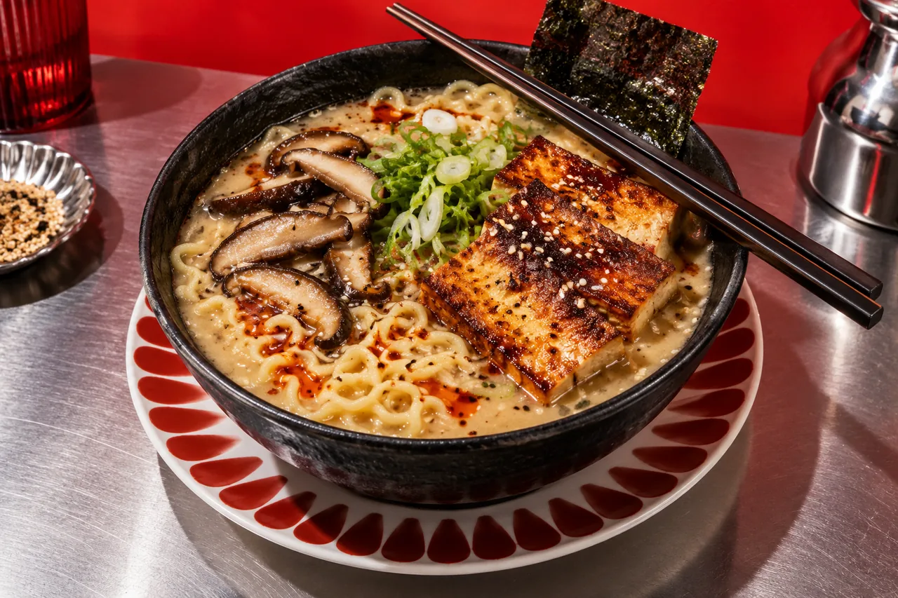 Ramen vegan au miso, bouillon de shiitakés et tofu grillé