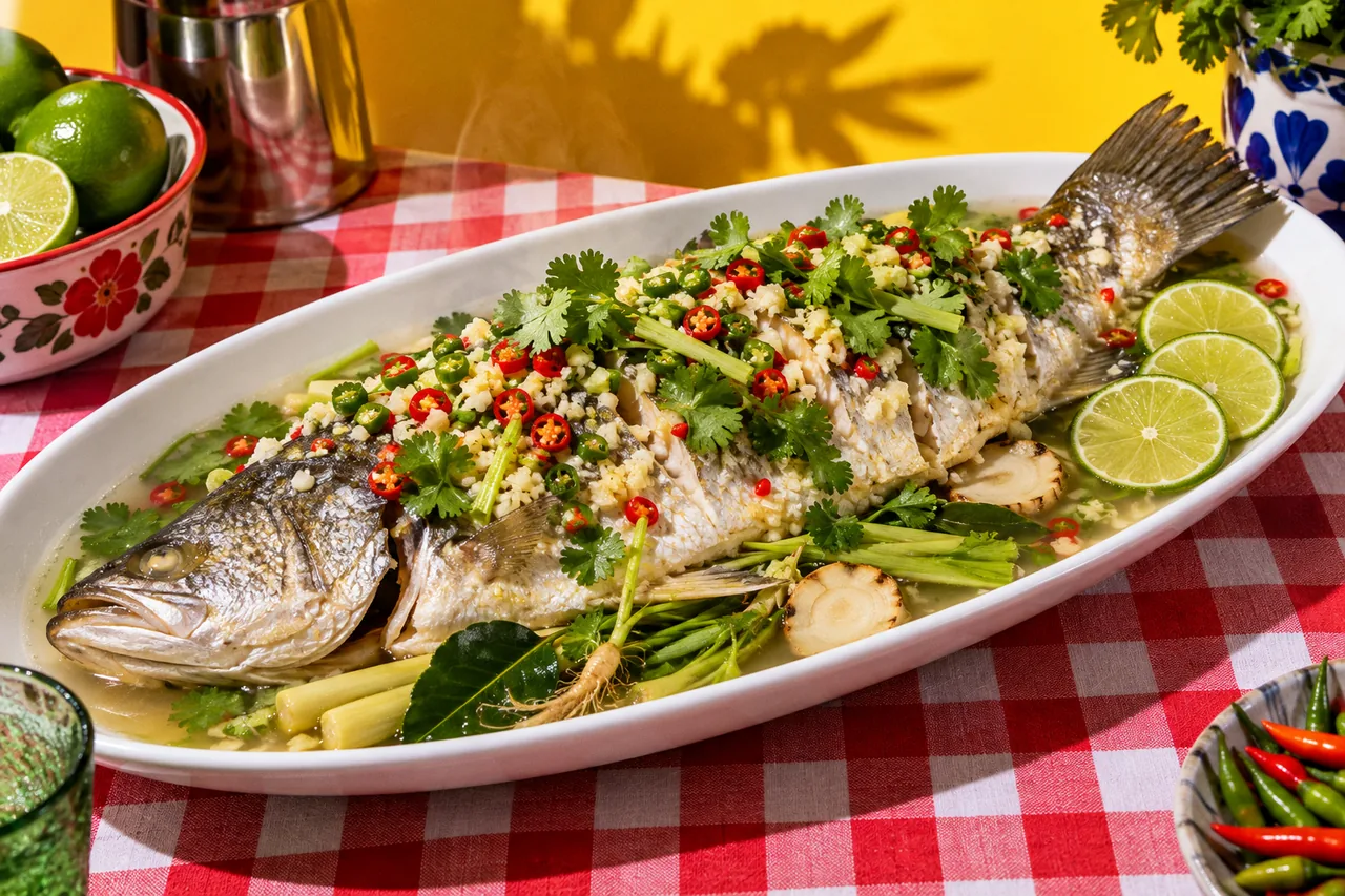 Pla kapong nueng manao : barramundi vapeur au citron vert et au piment