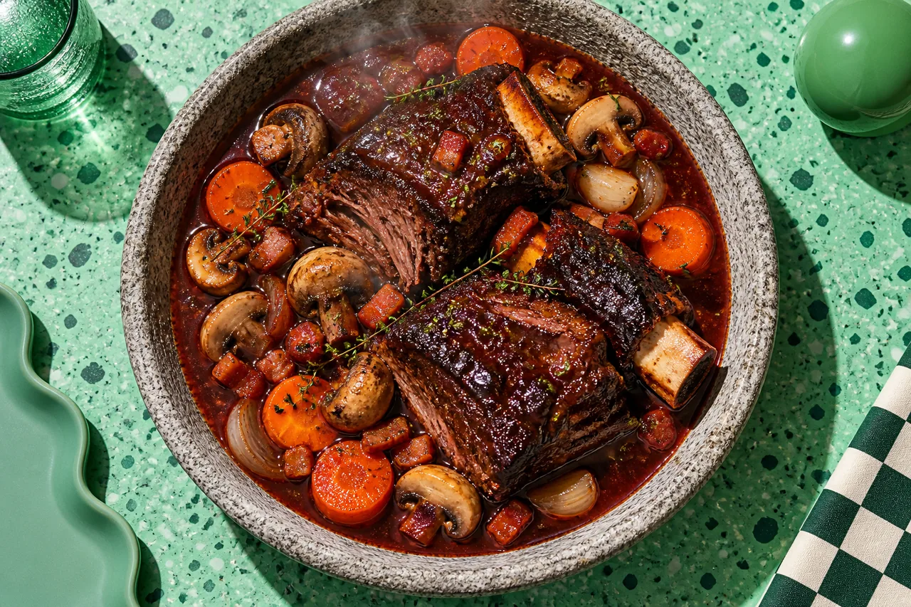 Plat de côtes de bœuf braisé au vin rouge