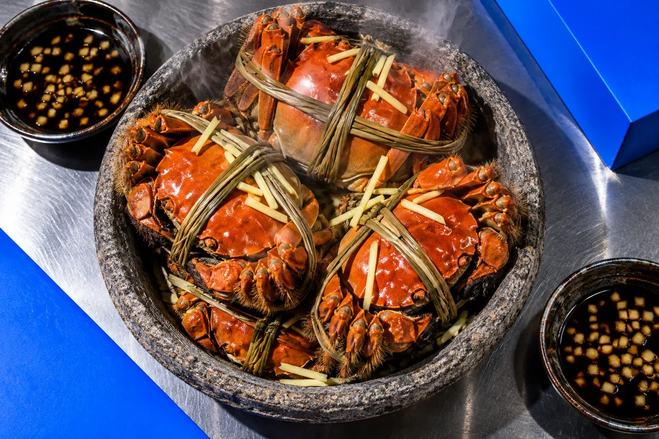 Crabe chinois cuit à la vapeur, vinaigre noir de Chinkiang et gingembre