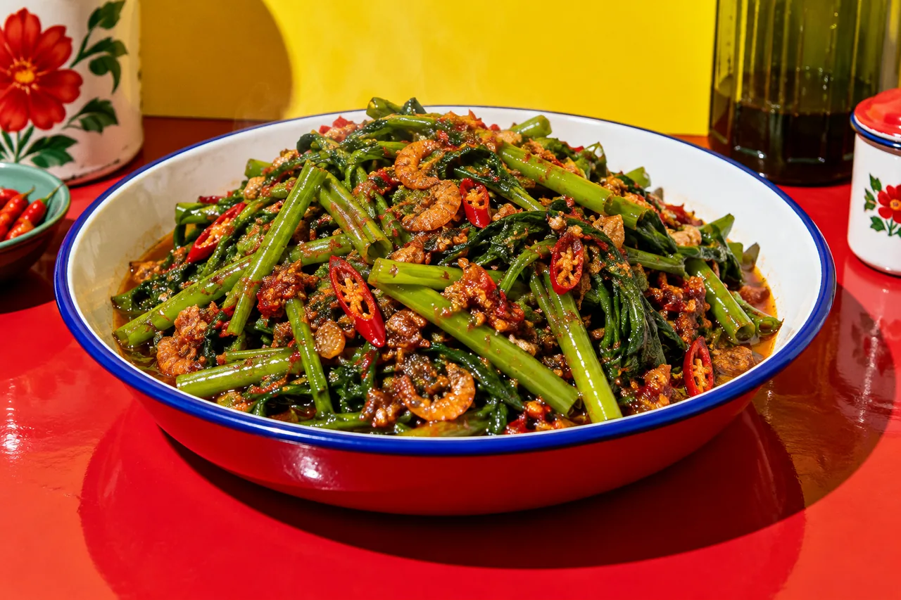 Kangkong belacan traditionnel : liseron d'eau sauté à la pâte de crevettes