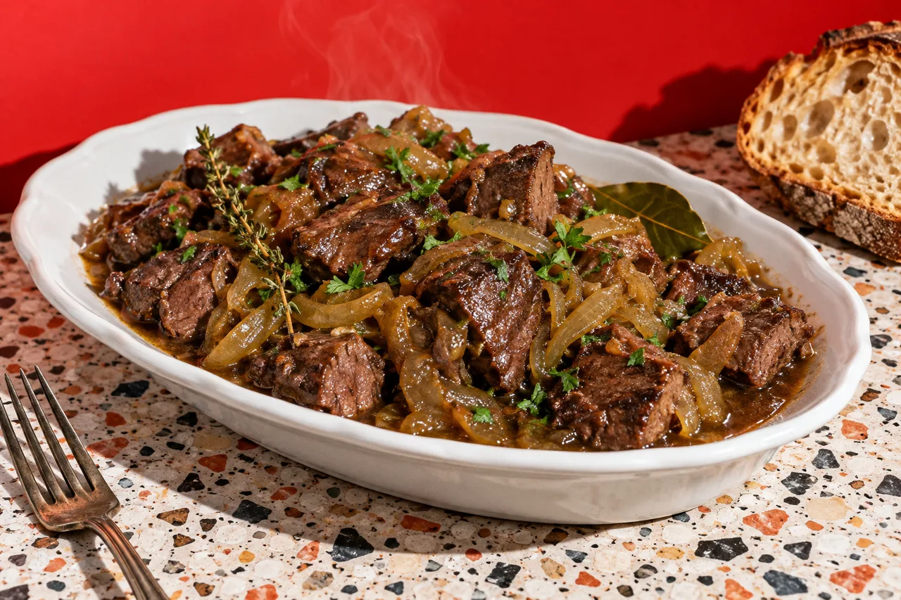 Cœur de porc braisé aux oignons
