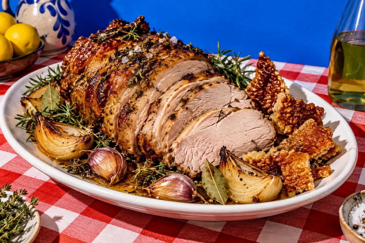 Cuisse de porc rôtie aux herbes et craquelins de couenne