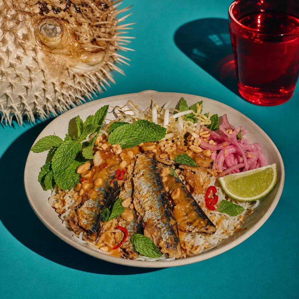 Nouilles de riz tièdes aux sardines, menthe et sauce cacahuète-vinaigre