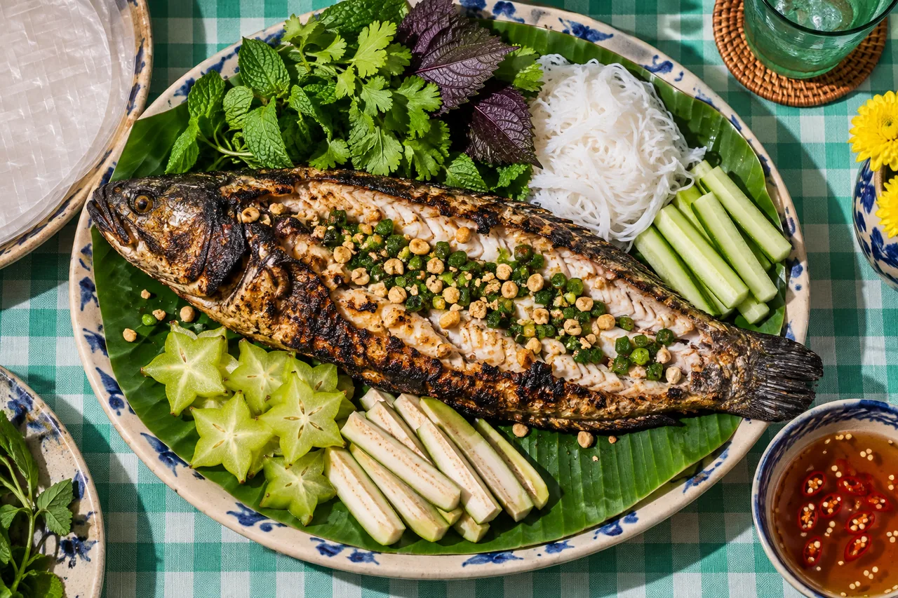 Cá lóc nướng trui, poisson tête-de-serpent grillé entier à la paille