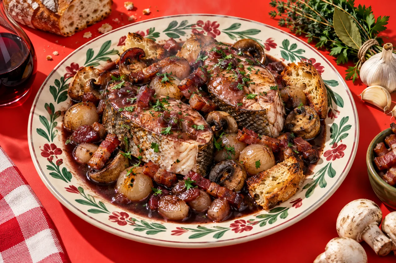 Barbeau fluviatile à la bourguignonne, mijoté au vin rouge et aux petits oignons