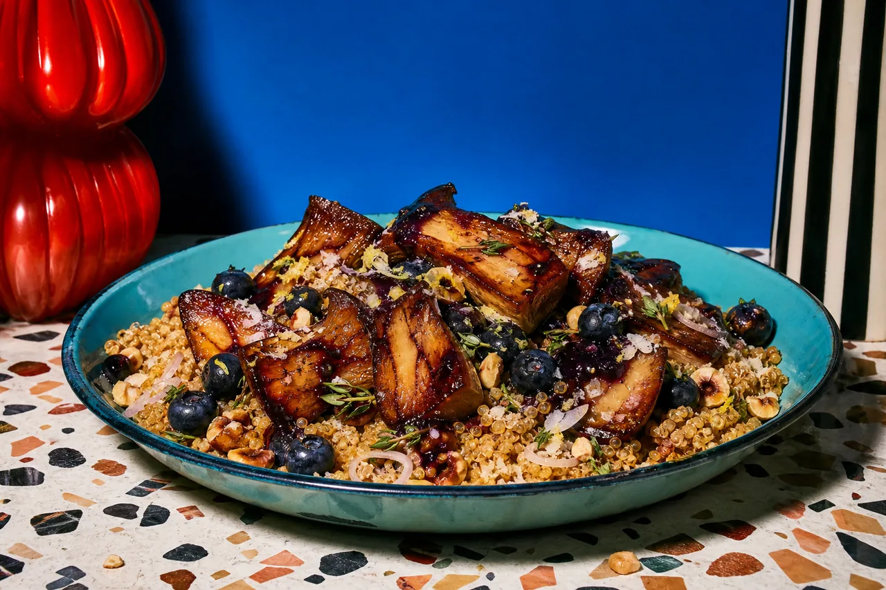 Champignons laqués à la myrtille, quinoa croustillant au parmesan et thym
