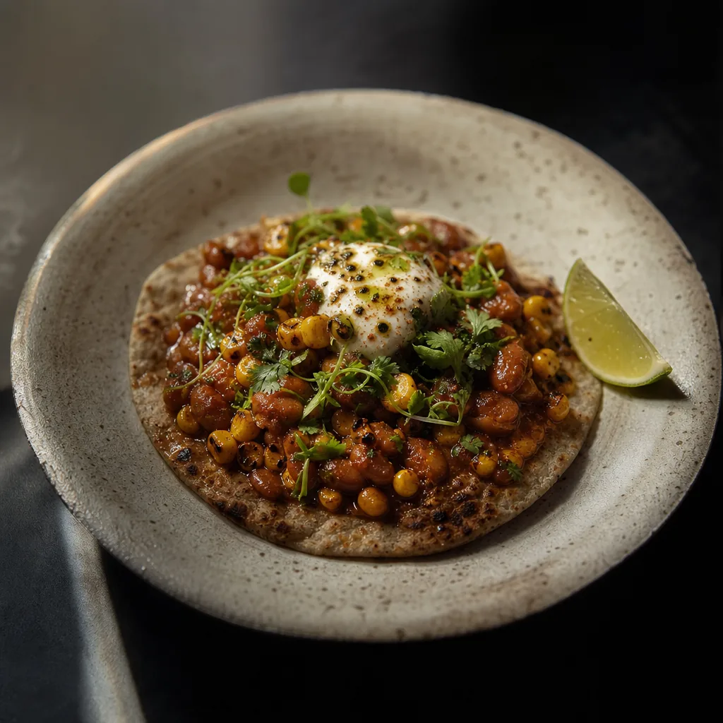 Galette de blé croustillante au maïs et baked beans façon chili doux
