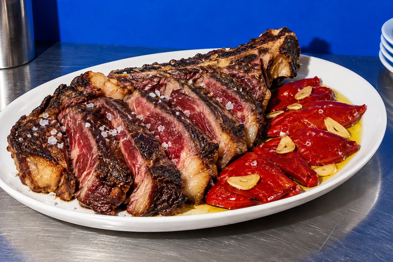 Chuletón a la brasa et pimientos del piquillo confits