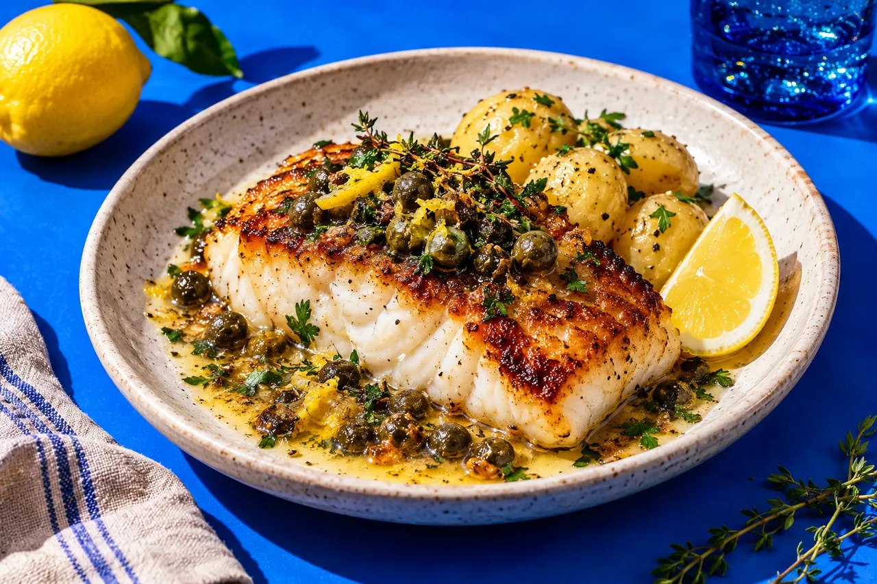 Dos de cabillaud poêlé, beurre citronné aux câpres