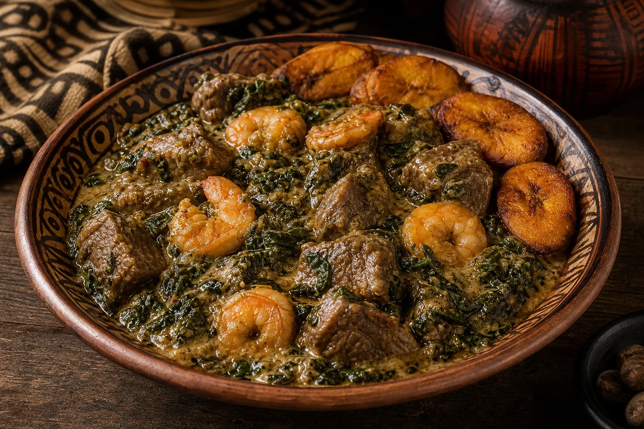 Ndolé camerounais aux arachides, crevettes et bœuf