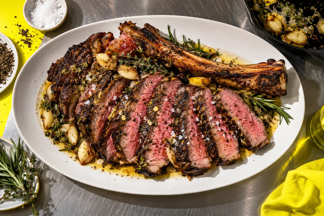 Côte de bœuf en cuisson inversée, beurre ail et thym