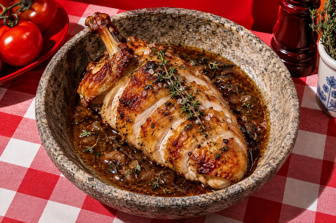 Suprême de poulet rôti, jus au thym