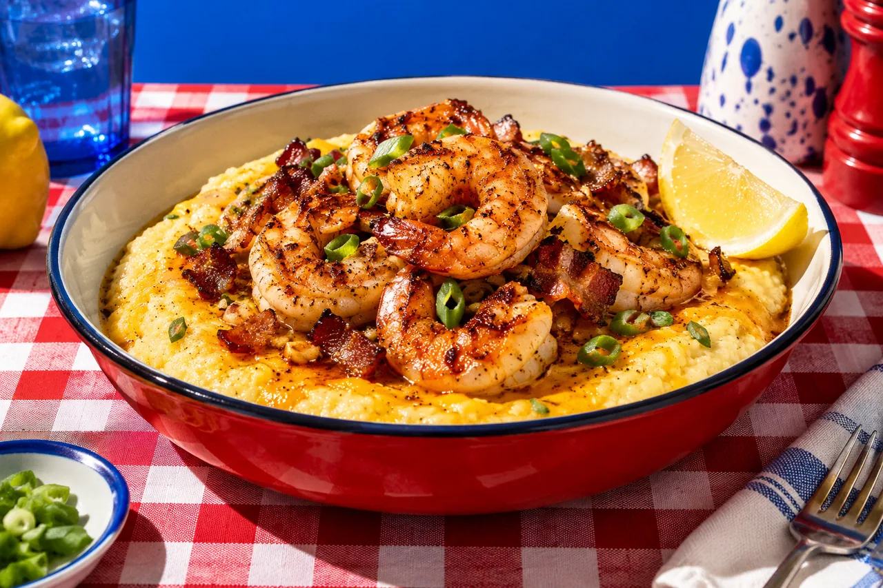 Shrimp and grits (crevettes sur gruau de maïs au cheddar)