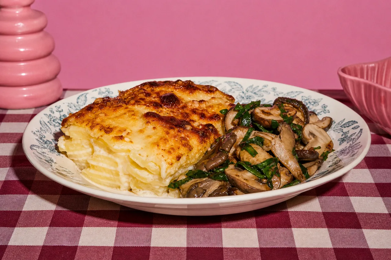 Gratin Dauphinois, ragoût de champignons & ail des ours
