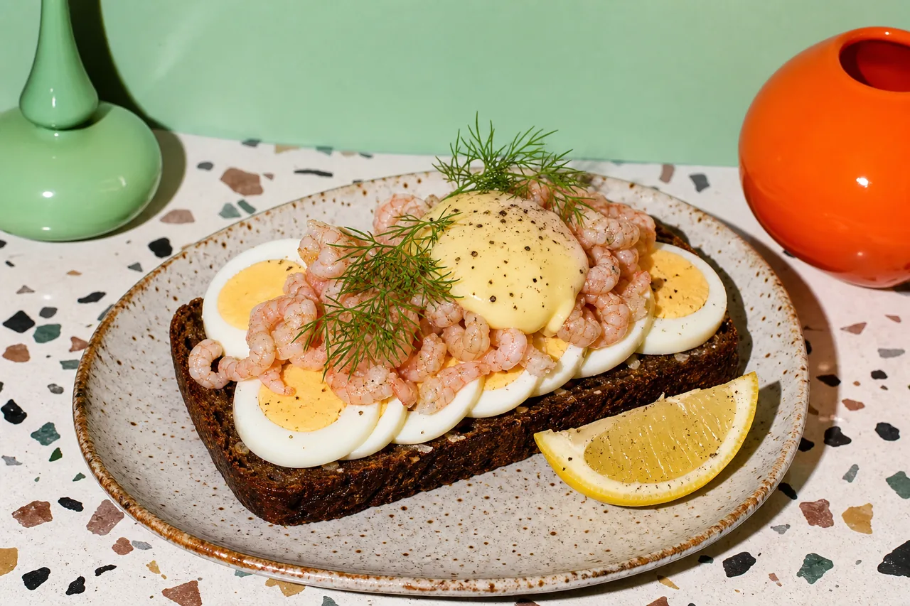 Smørrebrød aux œufs et crevettes