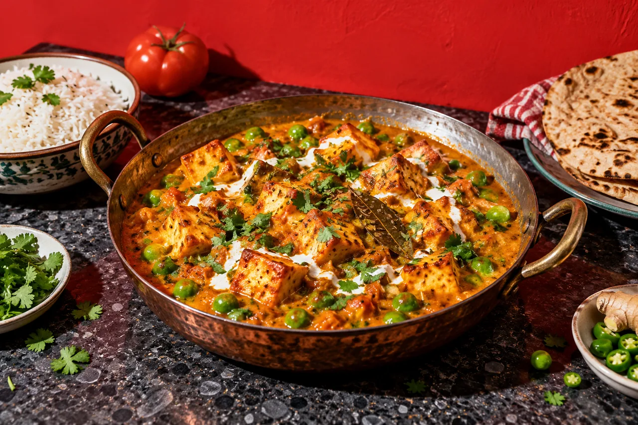 Matar paneer (paneer et petits pois en sauce tomate épicée)