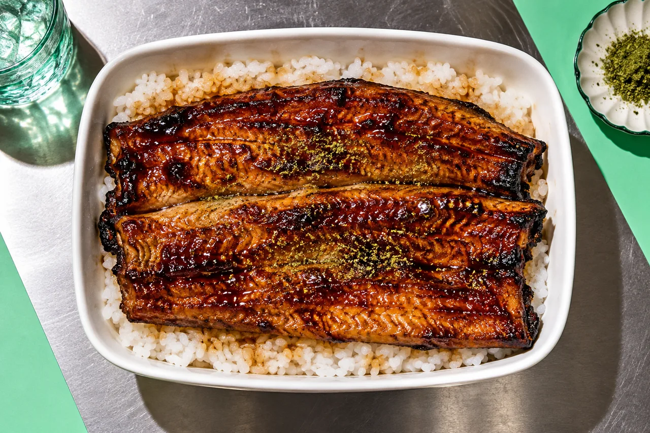 Unadon traditionnel, unagi kabayaki d'anguille du Japon laquée sur riz chaud